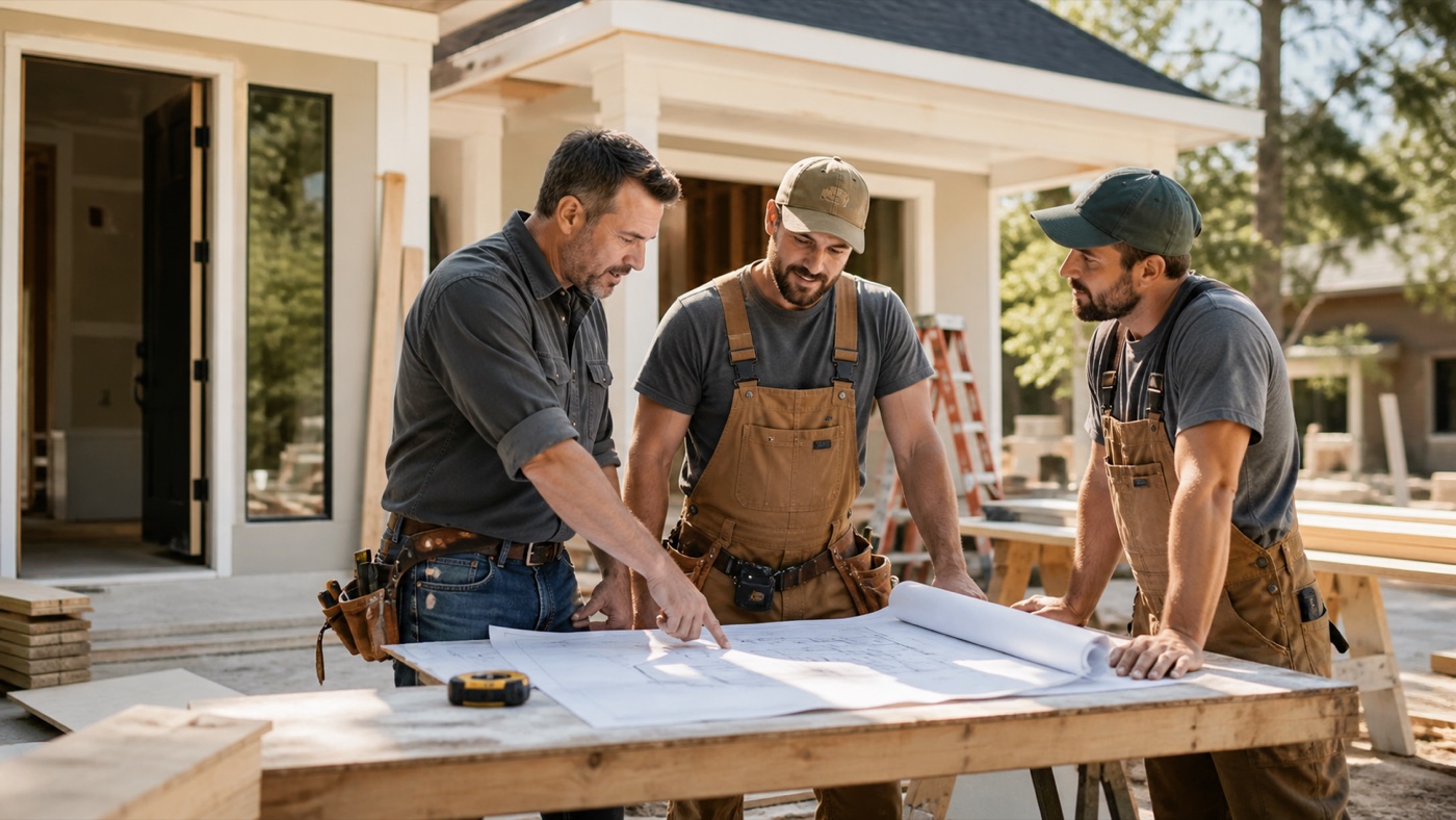 Contractor team reviewing a renovation plan at a residential job site