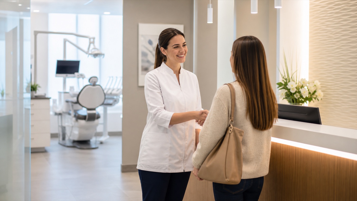 Dental practice team welcoming a patient in a modern clinic