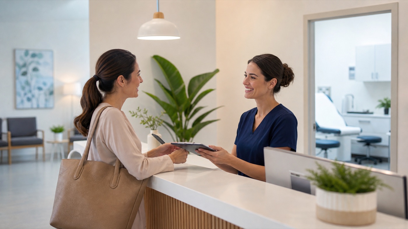 Medical clinic receptionist helping a patient at the front desk