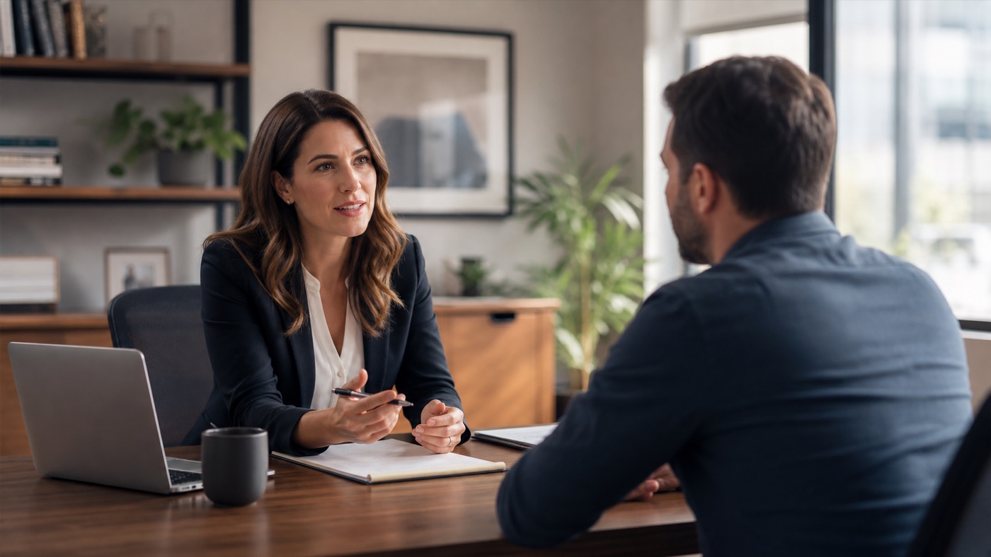 Professional service provider meeting with a client in a local office